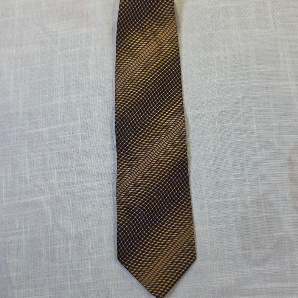 Pavone Italy Mens Silk Necktie Gold Navy Blue Wavy Geometric Pattern Tie 0286